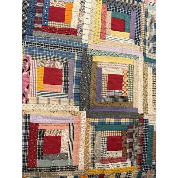 Antique Log Cabin Quilt Reversible Twin/full Blue Trim Floral Back 81” X 64” - Picture 4 of 16